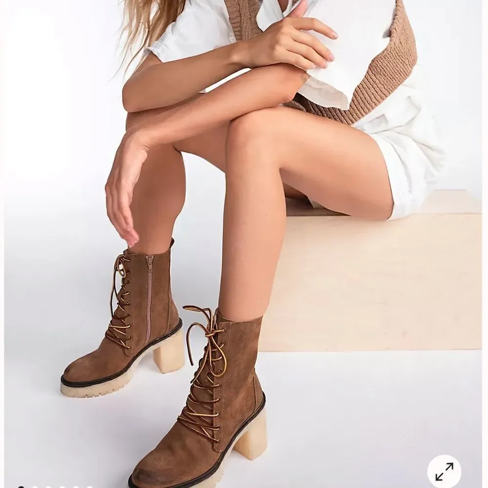 Free People Dylan Lace-Up Boots Platform Heel Brown Suede NWOB EU 40 US 10